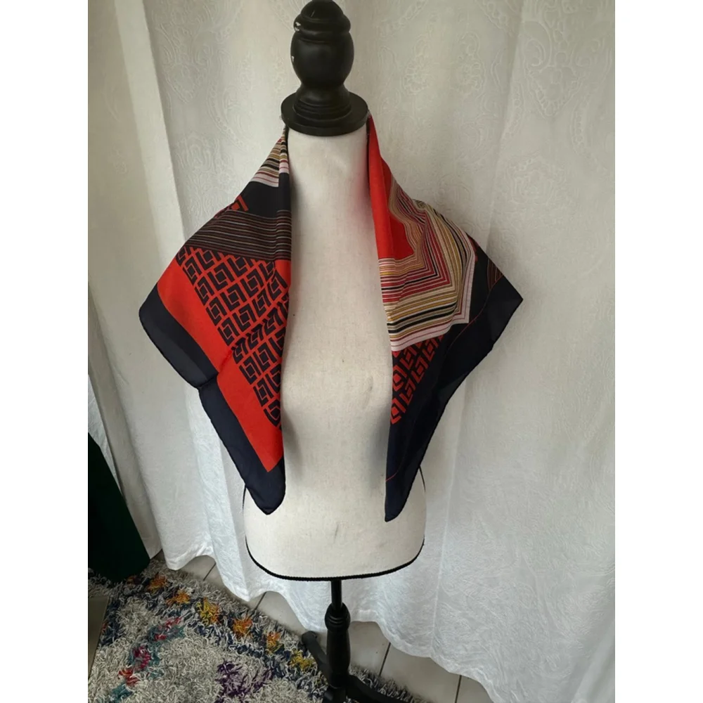 Vintage 1970s Leonardi Geometric Chevron Square Scarf | Red Navy Multicolor